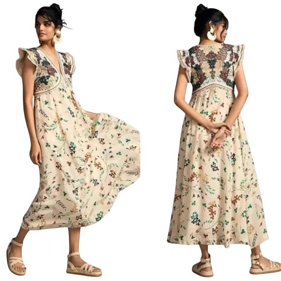 Anthropologie Printed V-Neck Maxi Dress Size 6 / 18.5 PTP New w/ Tag MSRP $198 - Picture 1 of 16
